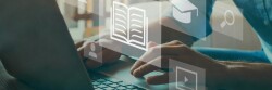 student working on a laptop, abstract icons overlay hands