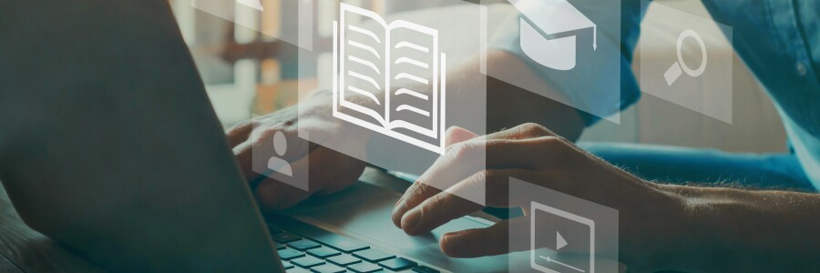 student working on a laptop, abstract icons overlay hands