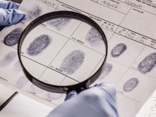 investigator examines fingerprints with magnifying glass