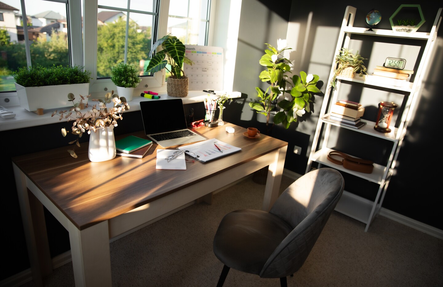 Modern,,Sunlit,Office,Desk,Is,Neatly,Arranged,With,Laptop,,Documents,
