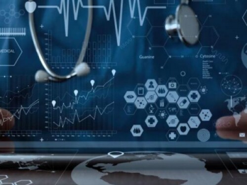 medical professional wearing stethoscope working on a tablet