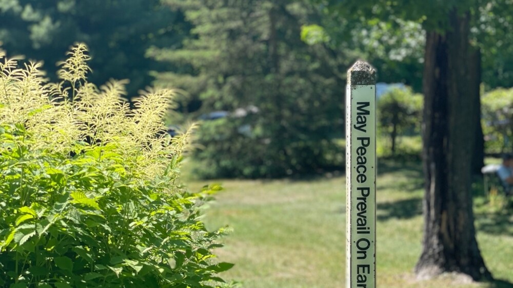 peace pole that reads "May Peace Prevail On Earth" among tall grass and bush