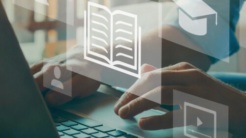 student working on a laptop, abstract icons overlay hands