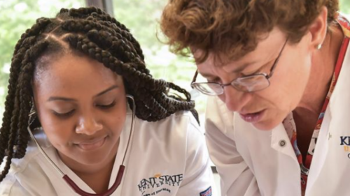 nursing professor and nursing student working with a stethoscope